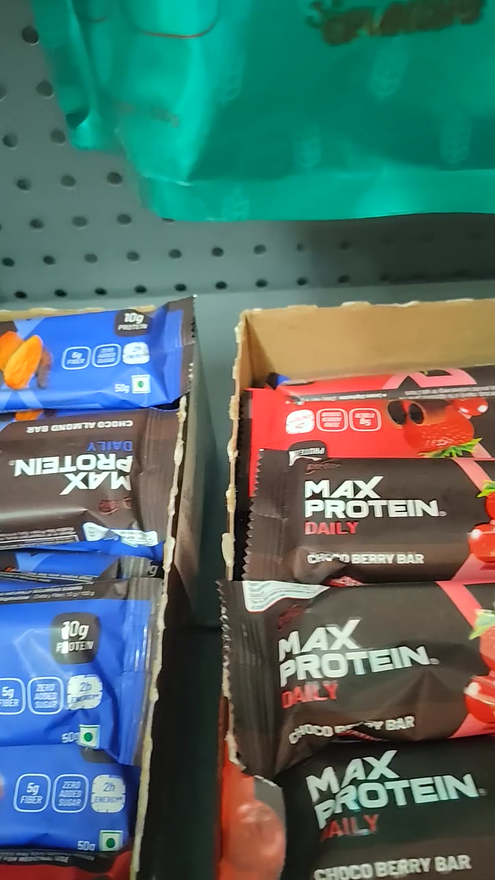 Boxes of protein bars on display at a pop-up shop in Theni