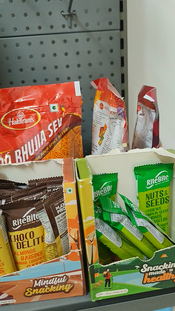 Nuts and seeds bars and healthy snacks on the shelf at a pop-up shop in Theni